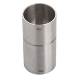 A polished stainless steel jigger, also known as a thimble jigger, features engraved markings for 30ml and 45ml measurements. This double-sided 1 oz jigger stands upright on a white background, making precise liquid measuring easy.