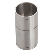 A polished stainless steel jigger, also known as a thimble jigger, features engraved markings for 30ml and 45ml measurements. This double-sided 1 oz jigger stands upright on a white background, making precise liquid measuring easy.