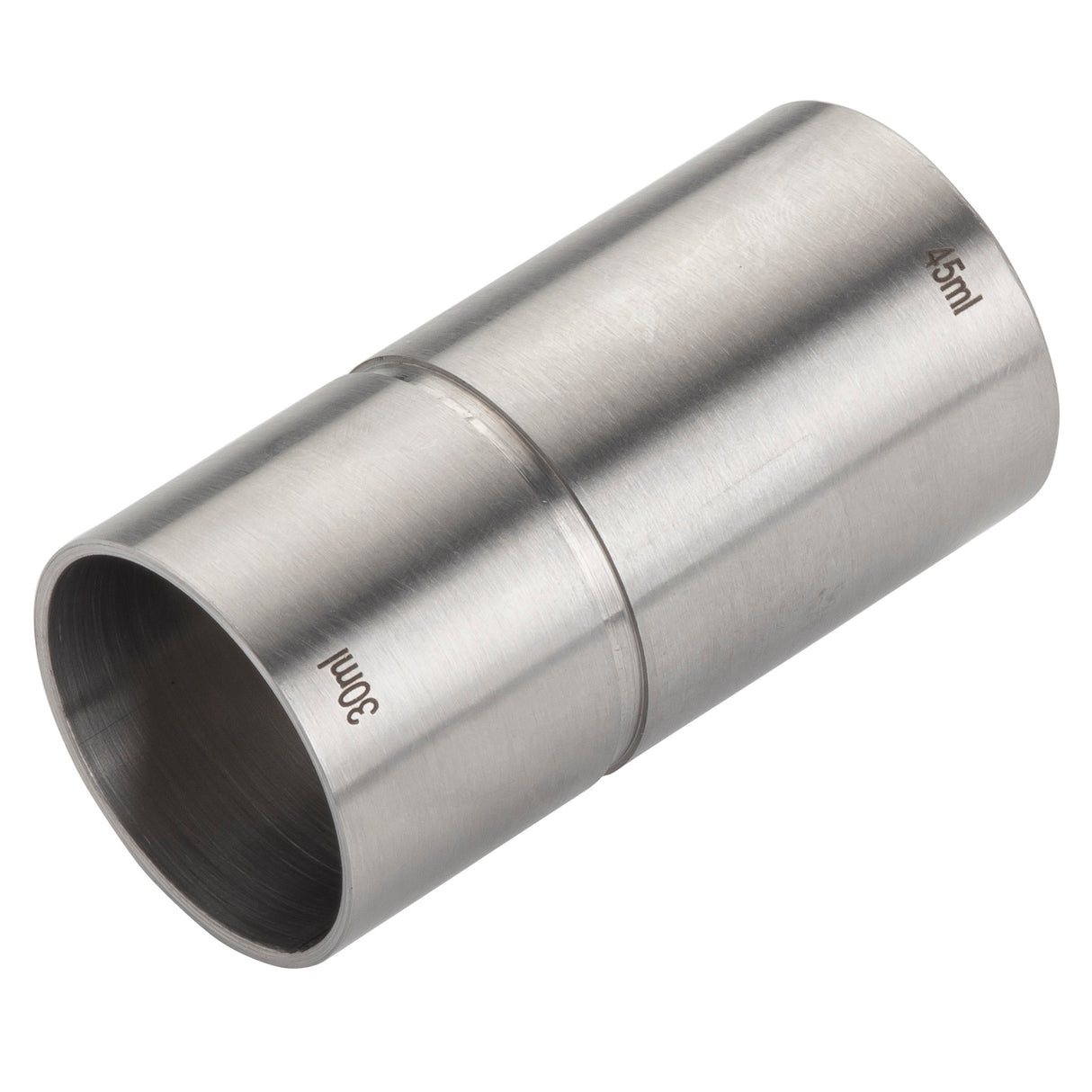 A stainless steel jigger, also called a thimble jigger, features measurement lines for 30ml and 45ml. This brushed metal tool is perfect for accurately measuring ingredients in bartending or cocktail preparation.