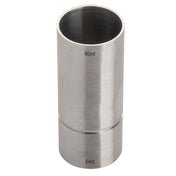 A stainless steel thimble jigger for measuring liquids, with 60ml (2 oz) on the taller side and 30ml (1-1/2 oz) on the shorter side. The brushed metal finish is shown upright against a white background.
