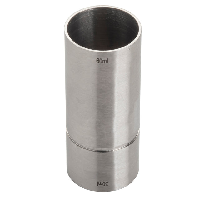 A stainless steel thimble jigger for measuring liquids, with 60ml (2 oz) on the taller side and 30ml (1-1/2 oz) on the shorter side. The brushed metal finish is shown upright against a white background.
