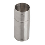 This stainless steel thimble jigger features engraved measurements: 30ml on the smaller side and 60ml (2 oz) on the larger. Its brushed metal, cylindrical design is perfect for bartending precise pours, including classic 1-1/2 oz servings.