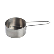 A stainless steel measuring cup with a straight, smooth cylindrical body and a long, thin, wire handle extending from one side. Dishwasher safe, the cup is empty and placed on a white background. The handle forms a closed loop at the end.