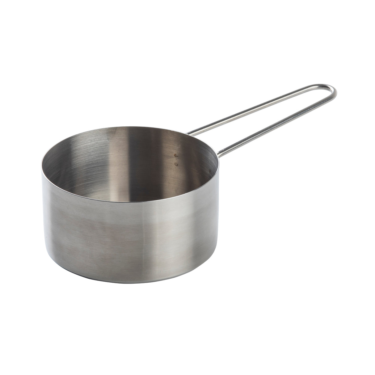 A stainless steel measuring cup with a cylindrical body and a long, slender wire handle, placed on a white background. The cup features smooth, brushed metal sides and an open top, and is dishwasher safe for easy cleaning after baking or cooking.