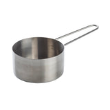 A stainless steel measuring cup with a cylindrical body and a long, slender wire handle, placed on a white background. The cup features smooth, brushed metal sides and an open top, and is dishwasher safe for easy cleaning after baking or cooking.