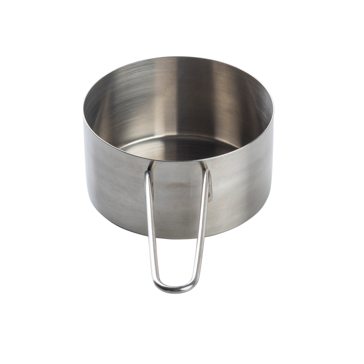 A stainless steel measuring cup with a flat bottom and rounded, open handle. The smooth, shiny metal sides are dishwasher safe. The handle forms a loop, attached at two points near the rim. The background is plain white.