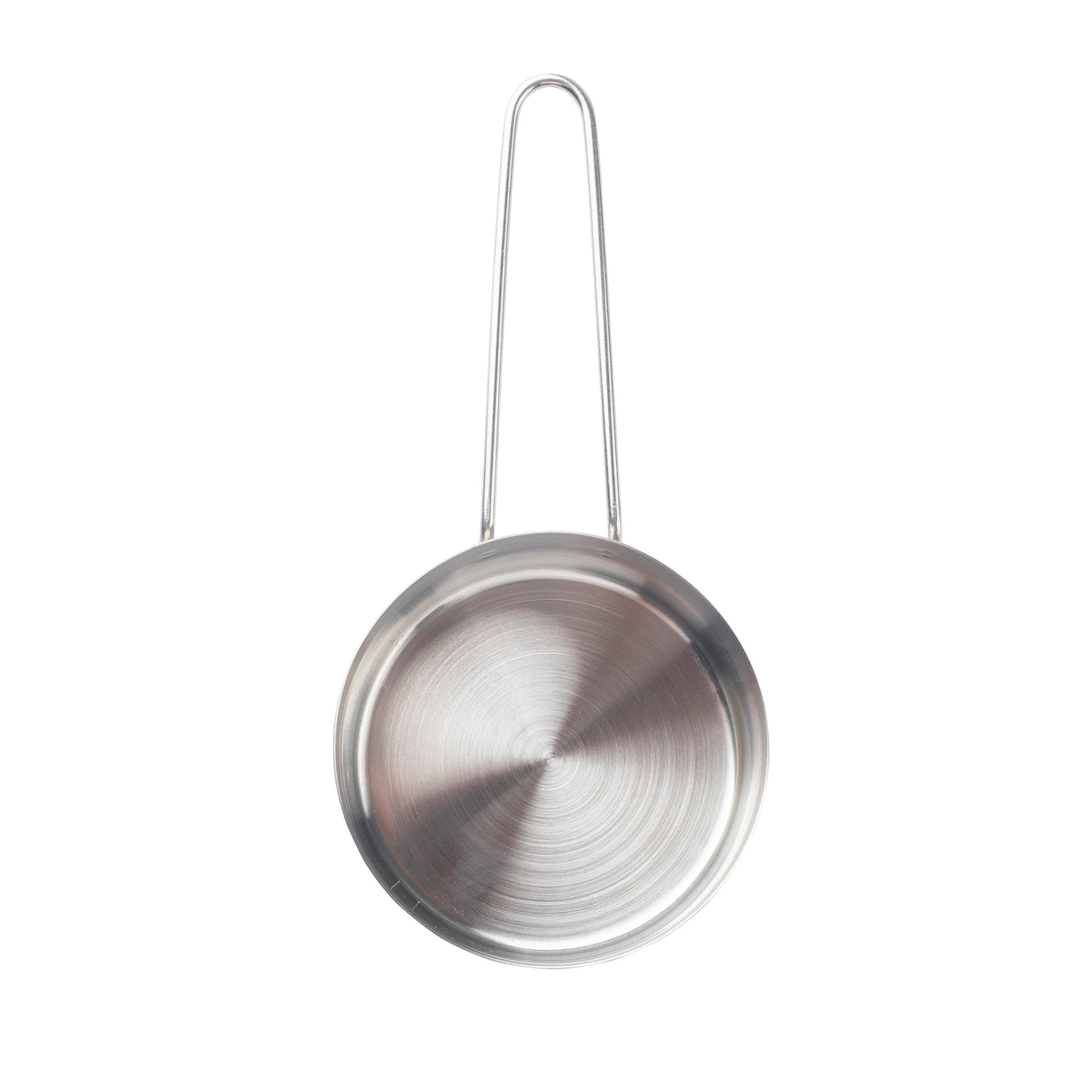 A small stainless steel saucepan with a brushed metal finish is seen from above. It features a round, flat base and a long, thin, looped handle extending upward for a minimalist design. This side server is also dishwasher safe.