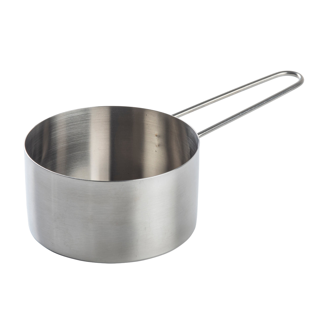 A stainless steel side server measuring cup with a cylindrical body and a long, thin, open-loop handle is shown against a white background. The cup has a brushed metal finish and smooth, seamless sides. It is also dishwasher safe for easy cleaning.