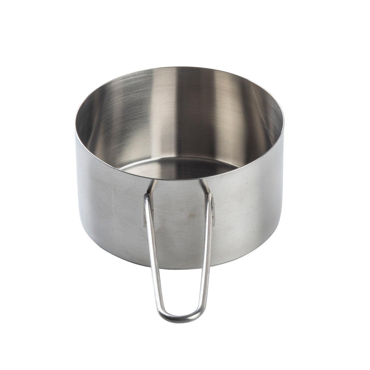 A stainless steel camping cup with a circular shape and flat bottom. It features a single metal handle curving downward at the side. The smooth, reflective surface is dishwasher safe, and the empty cup stands against a white background.