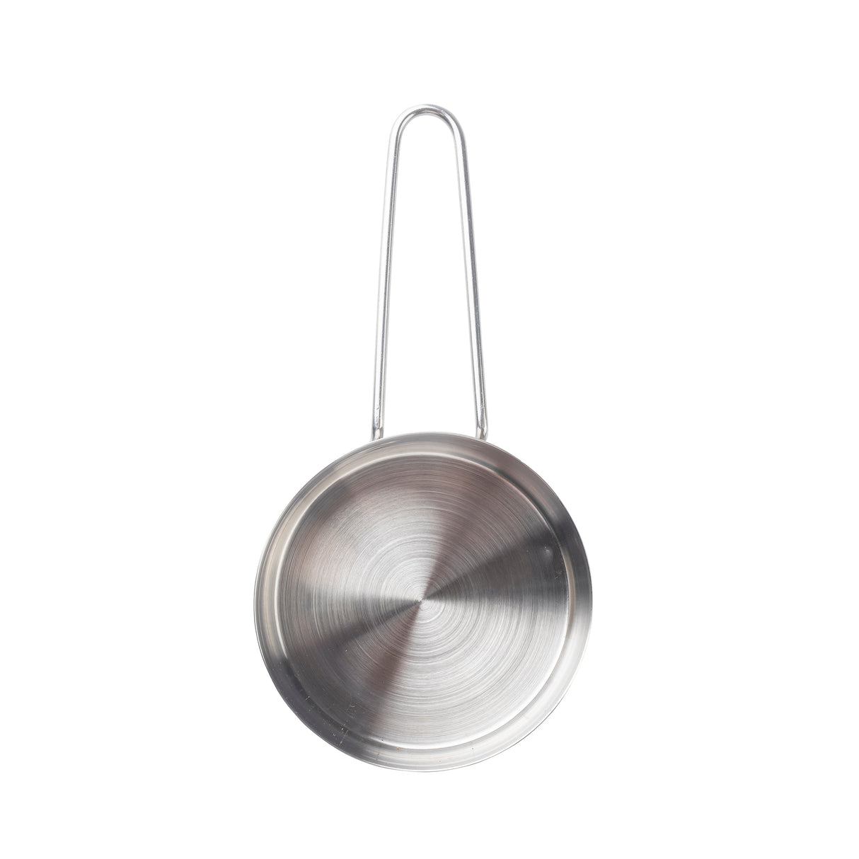 A round, stainless steel pan with a brushed finish and concentric circular patterns. It features a long, U-shaped handle attached at two points, perfect as a side server. The pan is viewed from above against a white background.