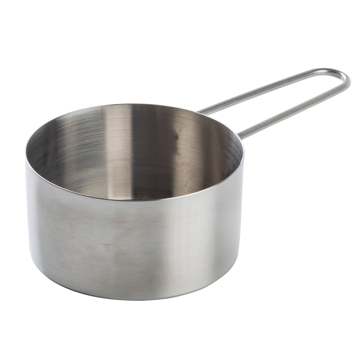 A stainless steel measuring cup with a cylindrical shape and a long, thin handle, photographed on a white background. Dishwasher safe, the cup has smooth, shiny metal surfaces with no visible markings or labels.