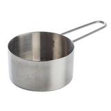 A stainless steel measuring cup with a cylindrical shape and a long, thin handle, photographed on a white background. Dishwasher safe, the cup has smooth, shiny metal surfaces with no visible markings or labels.