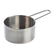 A stainless steel measuring cup with a cylindrical shape and a long, thin handle, photographed on a white background. Dishwasher safe, the cup has smooth, shiny metal surfaces with no visible markings or labels.