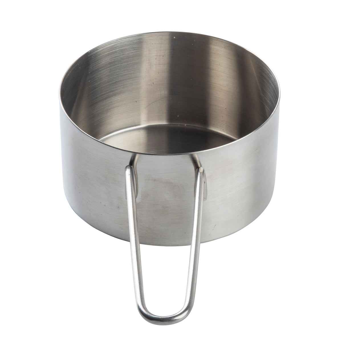 A stainless steel measuring cup with a smooth, shiny surface and sturdy wire handle is shown on a plain white background. The cup is empty, round, with straight sides, a slightly reflective interior, and is dishwasher safe for easy cleaning.
