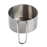 A stainless steel measuring cup with a smooth, shiny surface and sturdy wire handle is shown on a plain white background. The cup is empty, round, with straight sides, a slightly reflective interior, and is dishwasher safe for easy cleaning.