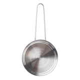 A stainless steel pan with a handle, perfect as a side server and conveniently dishwasher safe.