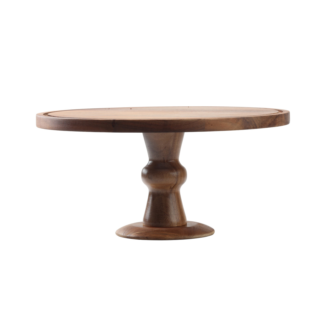 Round acacia cake plate with a smooth, flat top and a raised edge. The pedestal base is gently curved for stability. This wood cake stand has a natural brown finish, perfect for showcasing desserts against a plain white background.