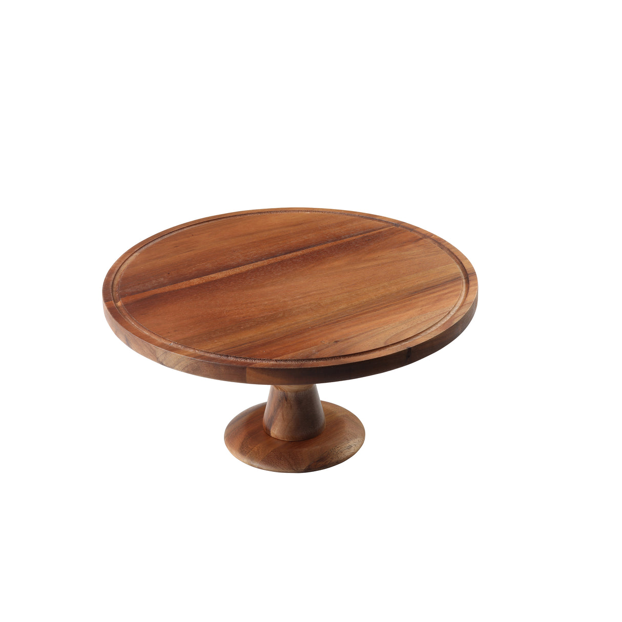 A round Acacia Cake Plate with a smooth top and sturdy pedestal base, made from brown polished wood, is shown on a white background. The natural grain and slight color variation of this wood cake stand are visible.