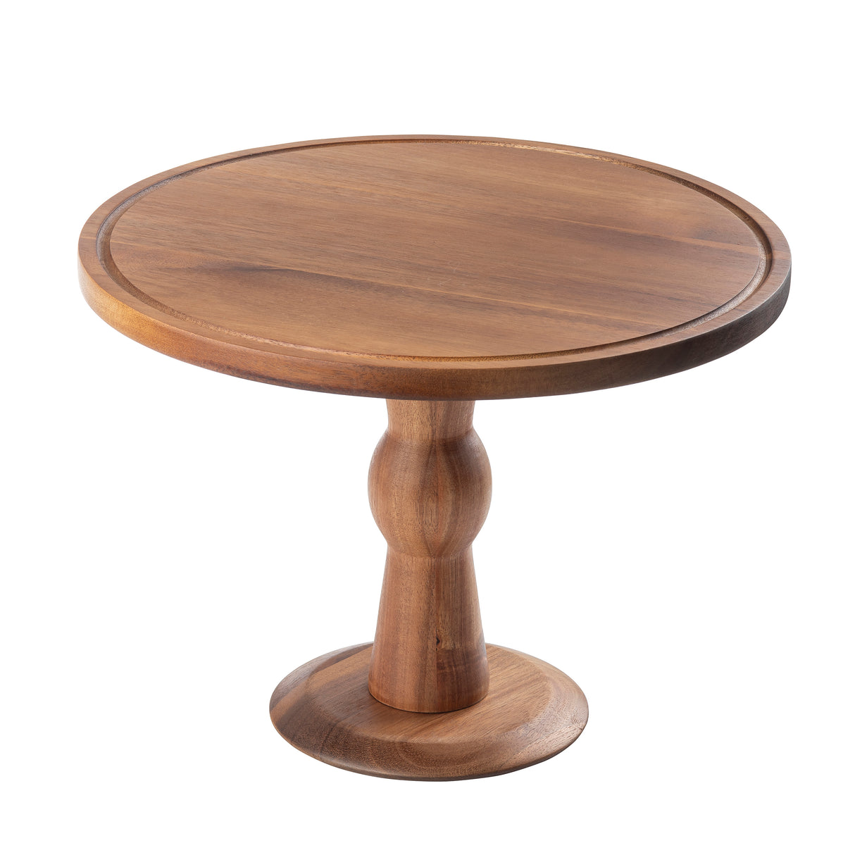 A round wood cake stand with a smooth surface and natural brown finish, featuring a wide, flat top and sturdy pedestal base. This Acacia cake plate by TableCraft sits on a small, circular foot and is isolated on a white background.