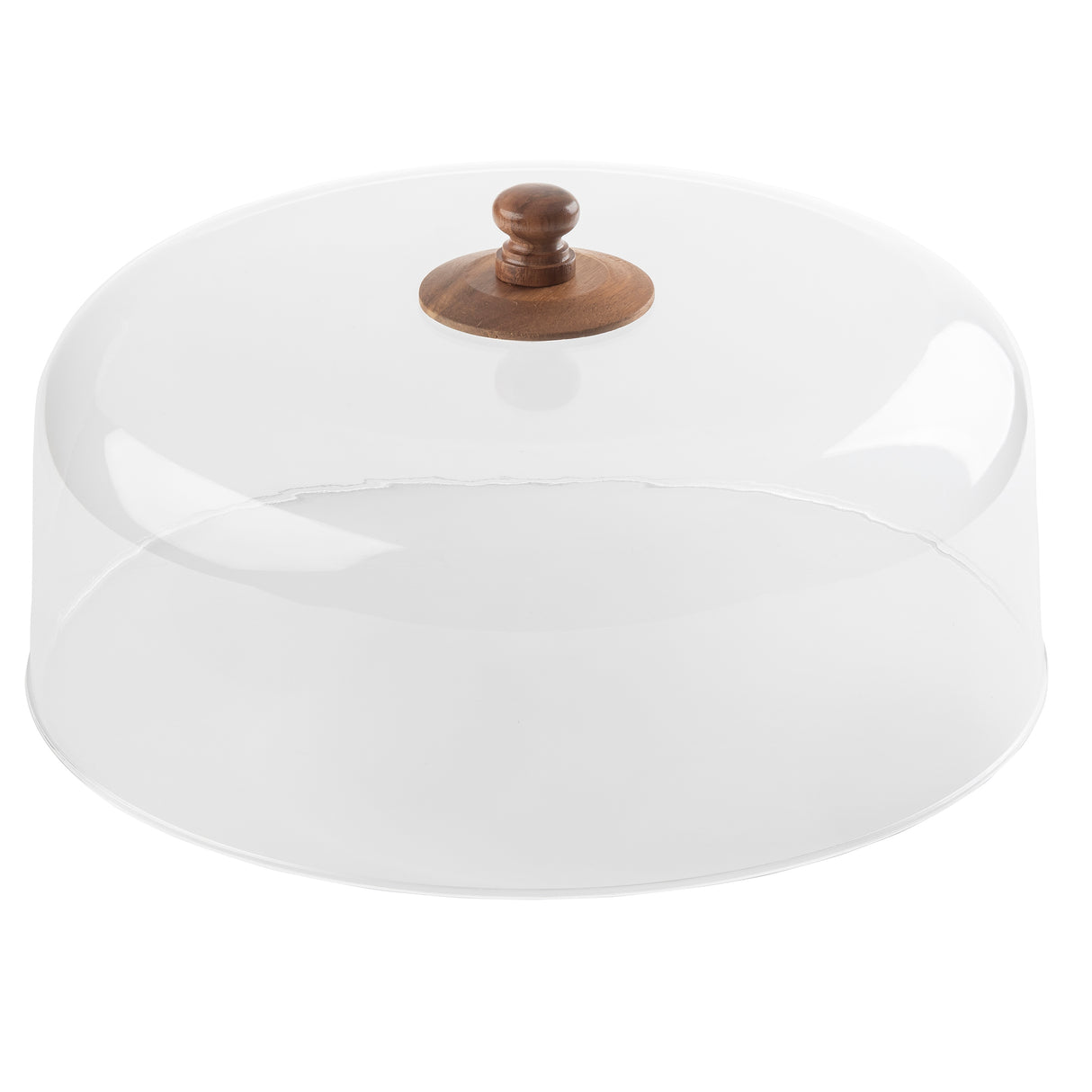 A clear, round acrylic cake dome with a brown wooden knob, inspired by the Acacia Cake Dome from TableCraft. This transparent cover allows full visibility of your treats and is photographed against a white background.