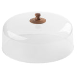 A clear, round acrylic cake dome with a brown wooden knob, inspired by the Acacia Cake Dome from TableCraft. This transparent cover allows full visibility of your treats and is photographed against a white background.