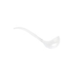 A clear TableCraft polystyrene ladle with a gently curved handle and a deep, rounded bowl is shown isolated on a plain white background. The ladle’s simple, smooth design is fully visible from the side.