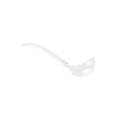 A clear TableCraft polystyrene ladle with a gently curved handle and a deep, rounded bowl is shown isolated on a plain white background. The ladle’s simple, smooth design is fully visible from the side.