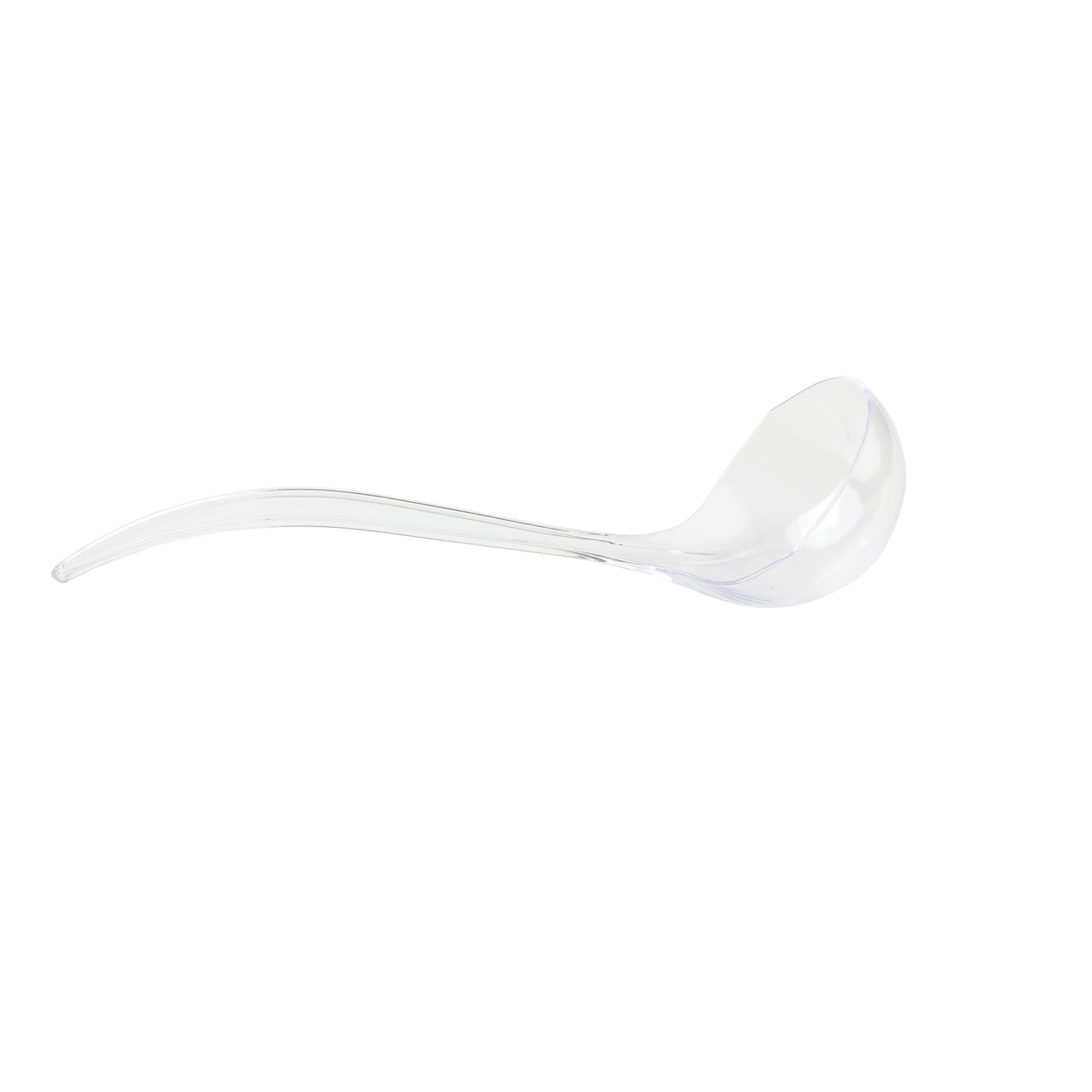 A transparent TableCraft polystyrene ladle with a long, curved handle and a deep, round bowl is positioned on a white background. Ideal for serving soups or liquids.