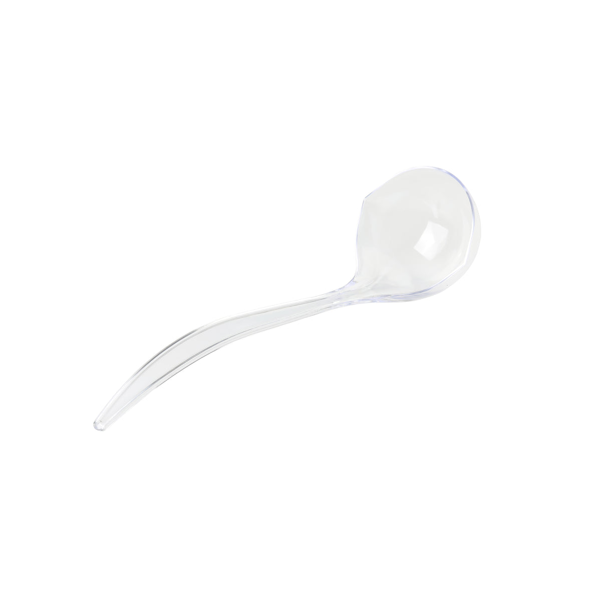 A clear, curved polystyrene spoon with a round, deep bowl and a slightly bent handle, placed on a white background. Lightweight like a mini ladle, it’s designed for scooping or serving small portions.