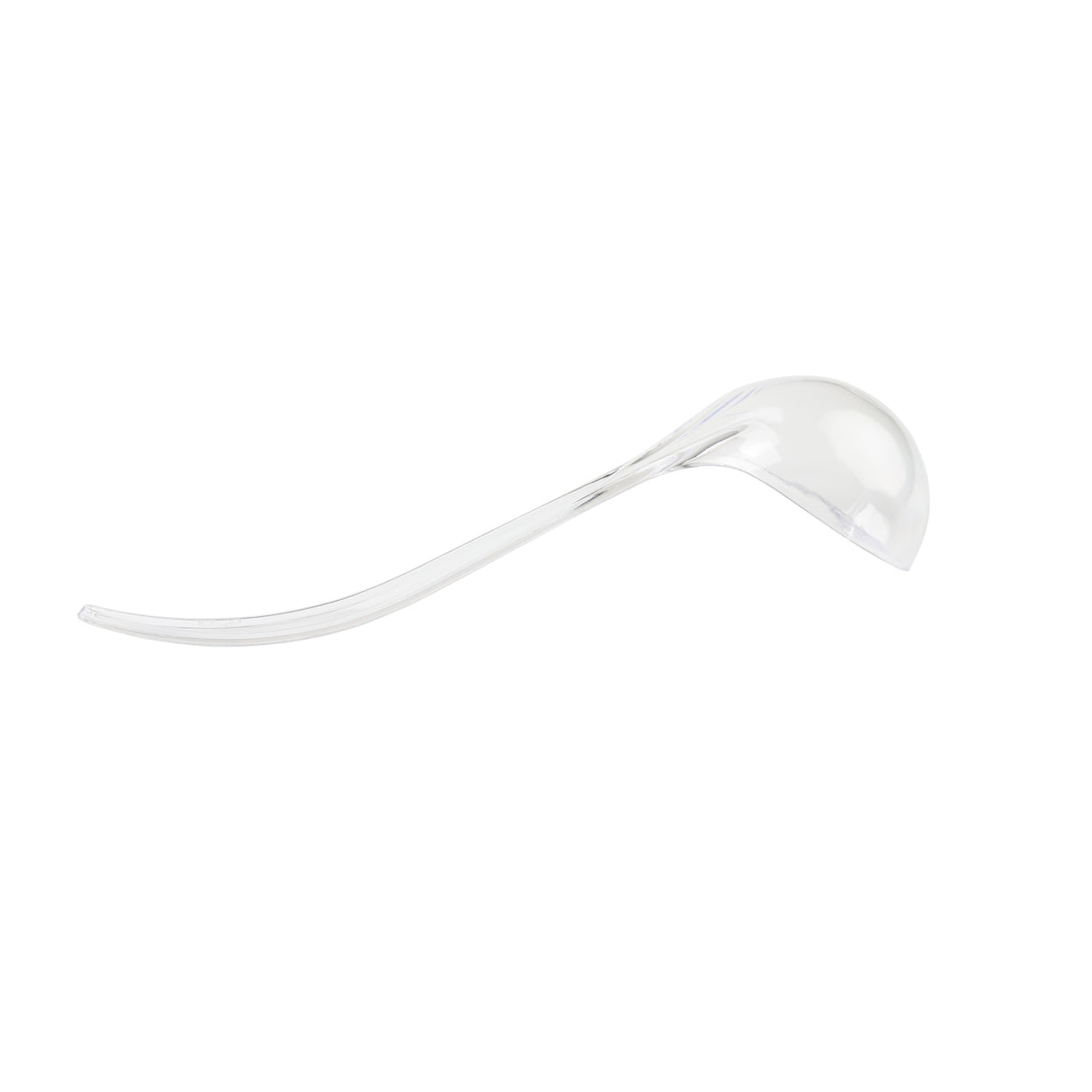 A clear glass object with a curved, elongated shape and a rounded bulb at one end on a white background. The smooth, minimalist design resembles a drop of water or a stylized TableCraft ladle.