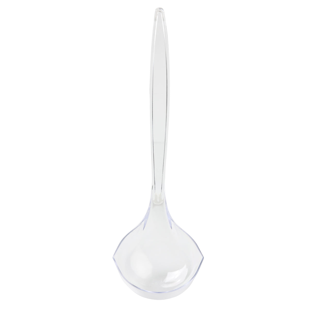 A clear TableCraft polystyrene ladle with a long handle and a deep, rounded bowl is shown from above on a white background. The ladle is simple in design and transparent, with no patterns or decorations.