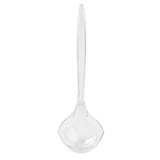 A clear TableCraft polystyrene ladle with a long handle and a deep, rounded bowl is shown from above on a white background. The ladle is simple in design and transparent, with no patterns or decorations.