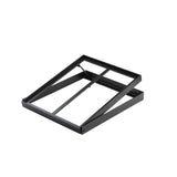 A black, rectangular metal frame with an angled, open-back design. Featuring two supporting crossbars, this collapsible crate stand is placed on a plain white background and appears to be a base for gastronorm display crates or equipment.
