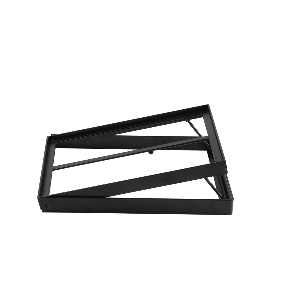 A black, rectangular metal frame with diagonal support bars lies flat on a white background. The collapsible frame appears to be folded, suggesting it is part of a crate stand or used for gastronorm display crates.