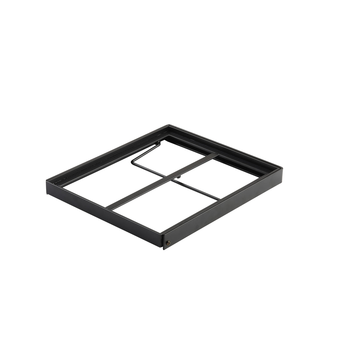 A rectangular black metal crate stand with a grid design, featuring two parallel horizontal bars and one perpendicular vertical bar inside. This support piece is photographed on a white background. Ideal for use with gastronorm display crates.
