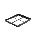 A rectangular black metal crate stand with a grid design, featuring two parallel horizontal bars and one perpendicular vertical bar inside. This support piece is photographed on a white background. Ideal for use with gastronorm display crates.