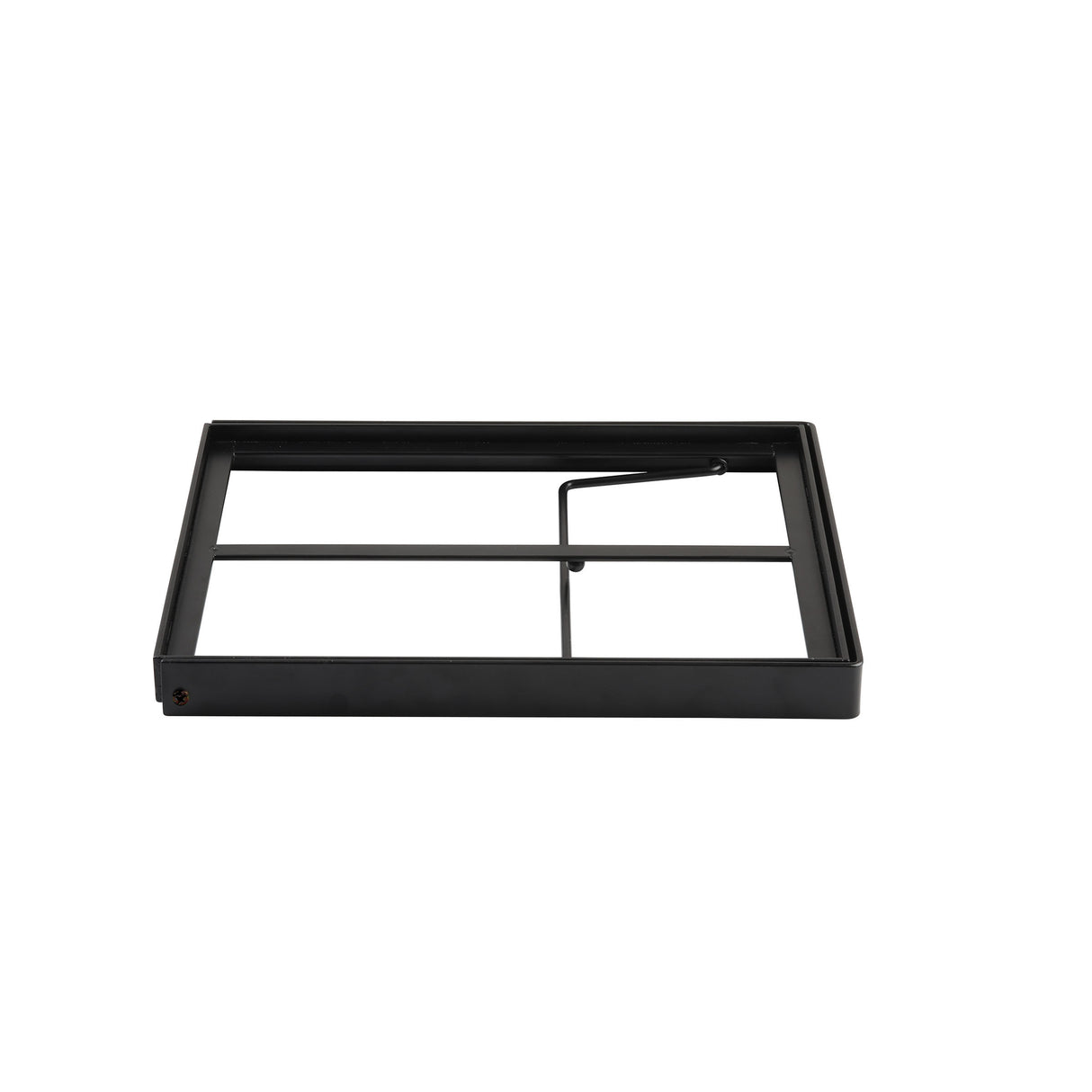 A rectangular black metal tray with raised edges and two horizontal dividers, designed for use with gastronorm display crates. One section features a diagonal support bar. The simple, modern tray is displayed against a plain white background.