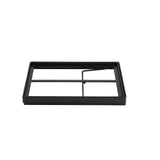 A rectangular black metal tray with raised edges and two horizontal dividers, designed for use with gastronorm display crates. One section features a diagonal support bar. The simple, modern tray is displayed against a plain white background.