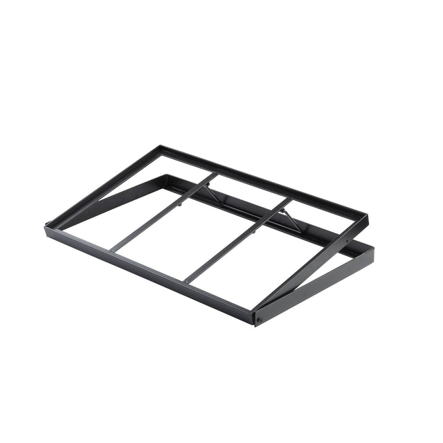 A collapsible black steel crate stand with angled support bars, viewed from above at a slight angle, sits on a white background. The frame appears designed for mounting or supporting equipment like gastronorm display crates.