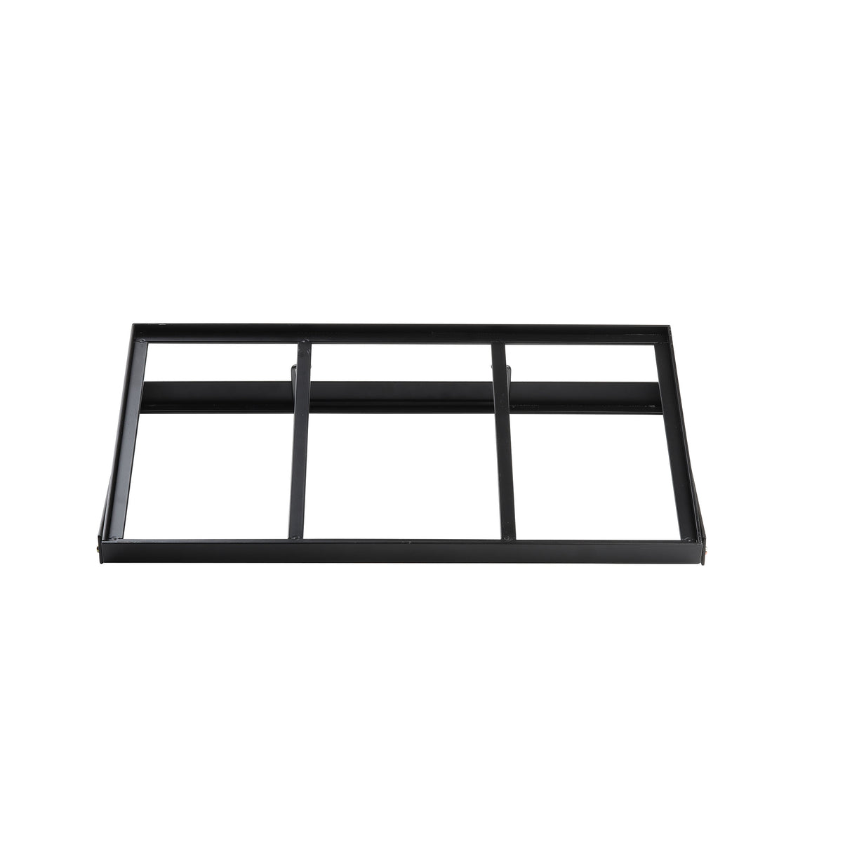 A rectangular collapsible black steel frame with three evenly spaced vertical bars dividing the inner space into four sections, set against a plain white background. The frame appears to be part of shelving, a crate stand, or a structural support component.