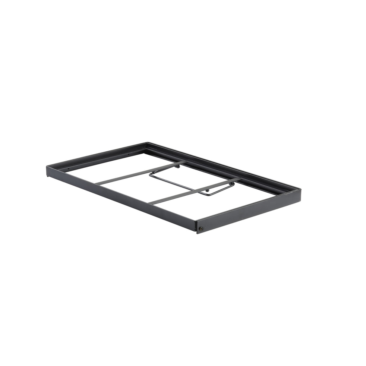 A collapsible black steel rectangular frame with an open center and horizontal support bars, isolated on a white background. With squared corners and clean lines, it serves as a sturdy, minimalistic crate stand for gastronorm display crates or similar uses.
