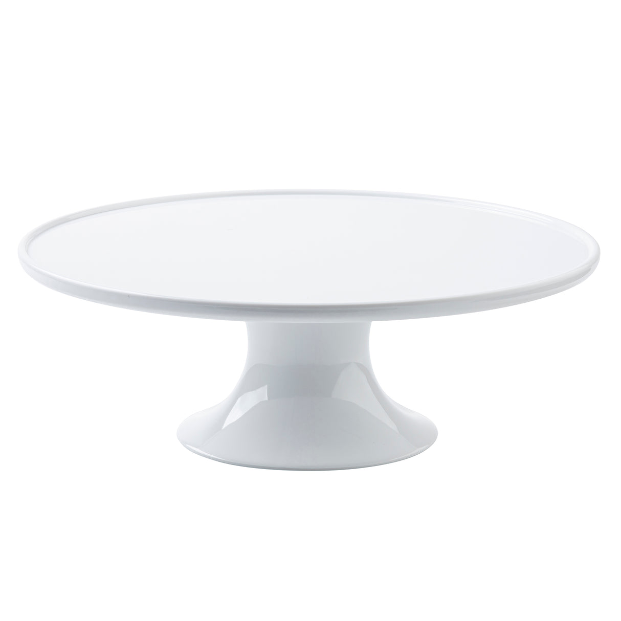 A glossy white cake stand from the Crofthouse Collection features a wide, flat, circular top and a sturdy pedestal base. Its simple, modern design is perfect for displaying cakes or desserts on any occasion.