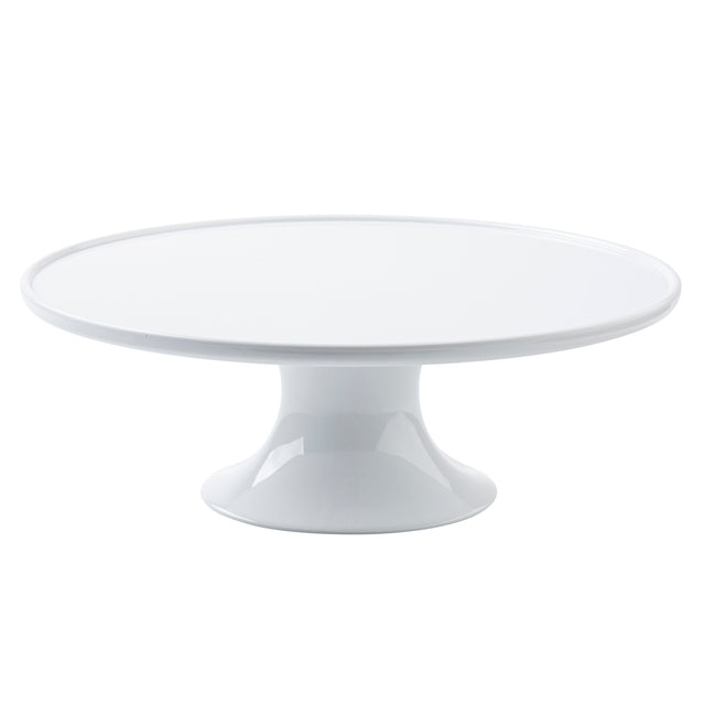 A glossy white cake stand from the Crofthouse Collection features a wide, flat, circular top and a sturdy pedestal base. Its simple, modern design is perfect for displaying cakes or desserts on any occasion.