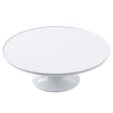 A plain, round, white melamine cake stand from the Crofthouse Collection features a wide, flat surface and a sturdy pedestal base. Photographed against a white background, its minimalist design is simple, smooth, and unadorned.