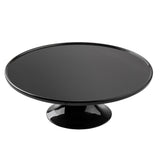 A glossy black melamine cake stand from the Crofthouse Collection features a wide, flat circular top and a sturdy pedestal base. Its sleek, modern design and smooth surfaces are perfect for displaying cakes or desserts.