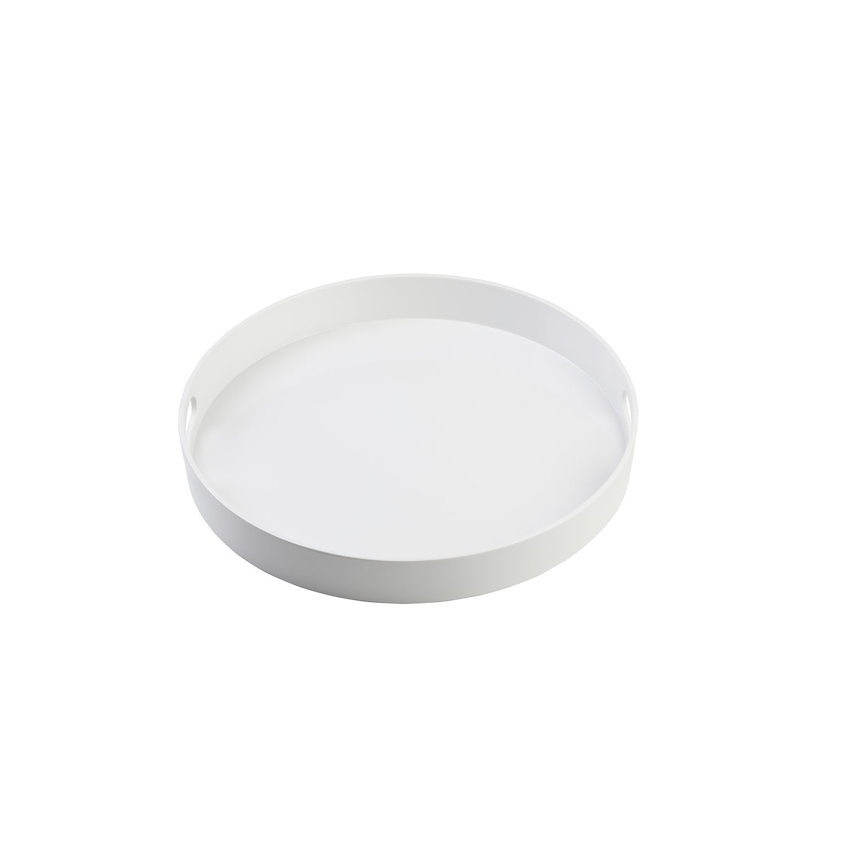 A plain, round, white melamine serving tray with a smooth surface and raised edges. Two oval cutout handles on opposite sides ensure easy carrying. The dishwasher safe design is highlighted by the clean, simple look against a white background.