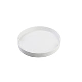 A plain, round, white melamine serving tray with a smooth surface and raised edges. Two oval cutout handles on opposite sides ensure easy carrying. The dishwasher safe design is highlighted by the clean, simple look against a white background.