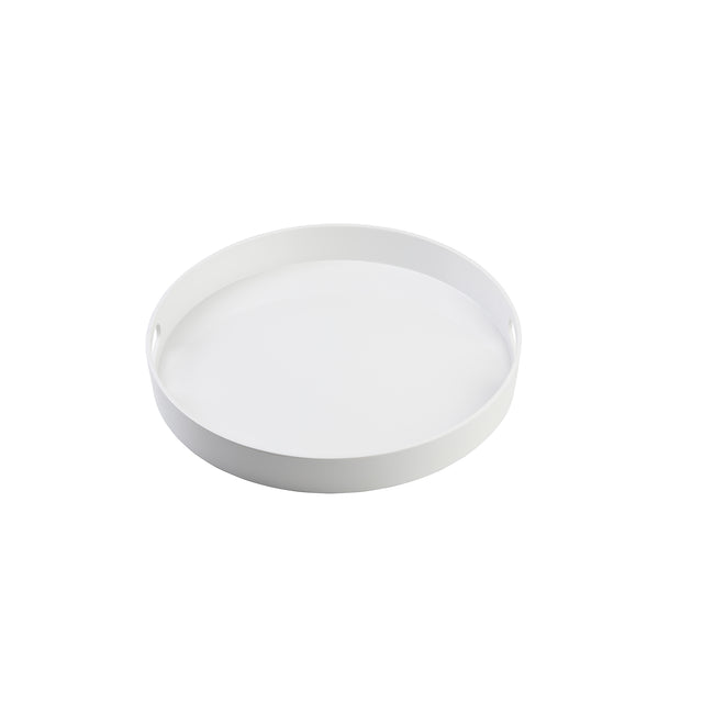A plain, round, white melamine serving tray with a smooth surface and raised edges. Two oval cutout handles on opposite sides ensure easy carrying. The dishwasher safe design is highlighted by the clean, simple look against a white background.
