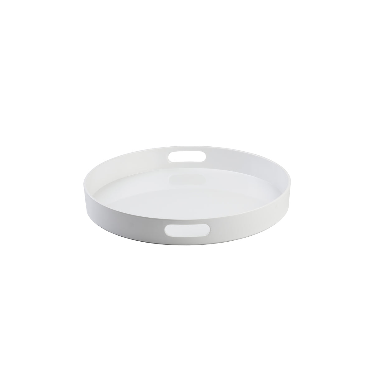 A round, white melamine serving tray with raised edges and two oval cutout handles on opposite sides. The tray is plain, smooth, and rests on a white background, creating a minimal, modern appearance.