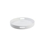 A round, white melamine serving tray with raised edges and two oval cutout handles on opposite sides. The tray is plain, smooth, and rests on a white background, creating a minimal, modern appearance.